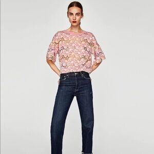 Zara Lace flutter sleeve semi cropped top L
